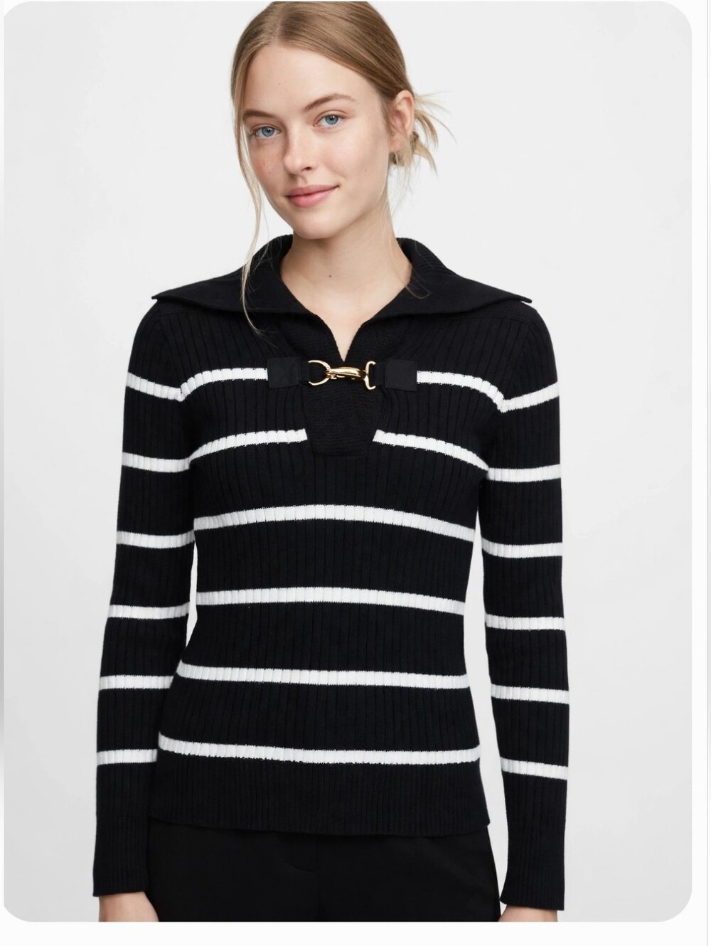 Ralph Lauren Black and White Striped V-Neck Sweater with Gold Accent sz XS